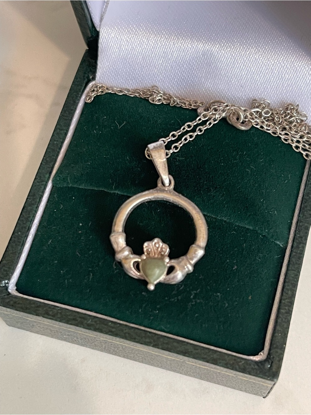 Sterling Silver Claddagh-Style Necklace with Green Connemara Marble Stone Accent